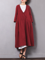 Gracila Casual Loose Solid Embroidery V Neck Women Dresses