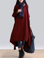 Gracila Loose Solid Color Long Sleeve Women Asymmetric Dresses