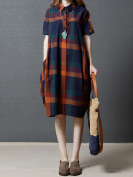 Gracila Plaid Short Sleeve Lapel Loose Women Dresses