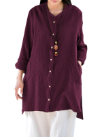 Gracila Solid Color Long Sleeve Dip Hem Blouse For Women