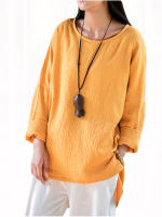 Gracila Vintage Pure Color O Neck Long Sleeve Loose Women Blouse