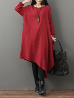 Gracila Vintage Women Pure Color O Neck Irregular Dress