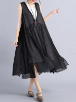 Gracila Women Loose Sleeveless O Neck Fake Two Pieces Swing Dress