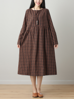 Gracila Women Plaid O Neck Long Sleeve Dress