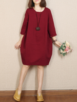 Gracila Women Solid Color O Neck Half Sleeve Dress