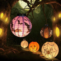 Halloween Led Paper Lantern Pumpkin Spider Bat Lights Hanging Lamp Props Decoration Party Supplies