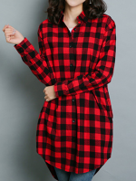 Hot Sale Women Blouse Lapel Neck Buttons Long Sleeve Plaid Shirt