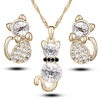 Jewelry Set Grace Cat Necklace Crystal Rhinestone Earrings Birthady Gift