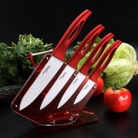 Kitchen Red Ceramic Knife Set With Peeler And Acrylic Knife Holder Stand