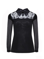 Lace Sexy Long Sleeved Turn Down Collar See Through Blouse