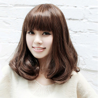 Lady Charming High Temperature Curly Hair Middle Long Neat Bang Full Wavy Wigs