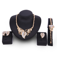 Leaf Rhinestone Gold Plated Necklace Earrings Ring Bracelet Jewelry Set