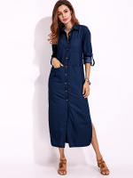 Long Sleeve Denim Shirt Dress Solid Color Turn Down Collar Button Dress