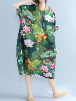 Lotus Printed Loose O Neck Half Sleeve Women Dresses