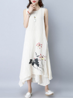 Lotus Printed Sleeveless O Neck Layered Hem Dress For Women