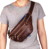 Men Genuine Leather Crossbody Bag Chest Bag Fanny Pack With 6 Zipper Pockets For Hiking