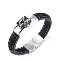Men Punk Titanium Steel Tiger Head Genuine Leather Bracelet