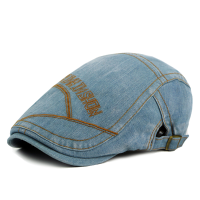 Men Unisex Washed Denim Beret Hat Embroidery Letter Casual Newsboy Gentleman Golf Caps