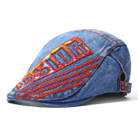 Men Washed Denim Beret Cap Letter Embroidery Peaked Cap Buckle Adjustable Hat