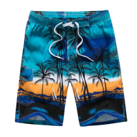 Mens Coconut Tree Printing Swimming Beach Casual Knee Length Polyester Shorts