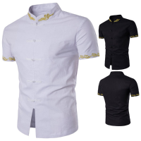 Mens Embroidery National Style Short Sleeved Linen Small Stand Collar Fashion Shirt