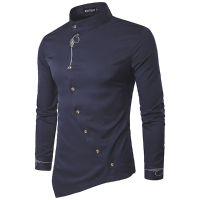 Mens Embroidery Personality Slant Blanket Irregular Hem Long Sleeve Fashion Casual Shirts