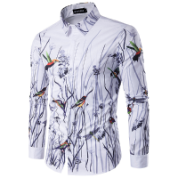 Mens Fashion Flower Bird 3d Printing Long Sleeve Turn Down Collar Fit Casual Designer Shirt