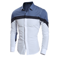Mens Fashion Patchwork Striped Printing Slim Fit Turn Down Collar Casual Designer Shirt