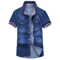Mens Fashion Stitching Summer Denim Double Chest Pockets Short Sleeve Slim Fit Casual Shirts