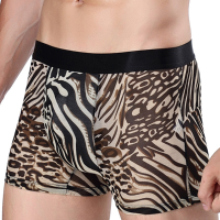 Mens Leopard Printing Sexy Net Yarn Underwear Breathable Mid Rise Casual Boxers