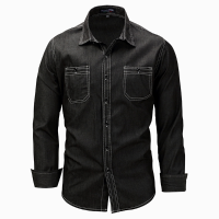 Mens Long Sleeve Cotton Turn Down Collar Chest Pockets Fashion Denim Shirt