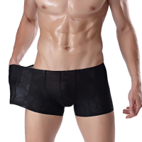 Mens Sexy Ice Silk Seamless Jacquard Casual Underwear Mid Waist U Convex Pouch Boxers