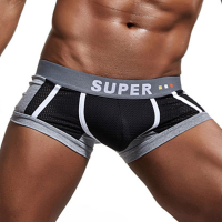 Mens Sexy Mesh Breathable Sweat Absorbent U Convex Boxer Contrast Color Underwear