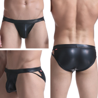 Mens Sexy U Convex Faux Leather Black Low Rise Briefs