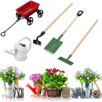 Metal Watering Can Pulling Cart Spade Rake Garden Tools Dolls House Miniatures Accessories