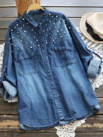 Mori Girl Button Denim Blouse With Beads