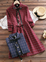 Mori Girl Plaid Long Sleeve Bowknot Dress