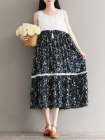 Mori Girl Sleeveless Floral Printed Splicing Tassel O Neck Dress