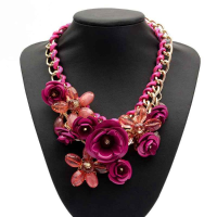 Multicolor Crystal Flower Cotton Rope Chunky Statement Choker Necklace