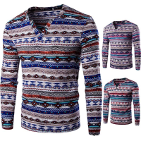 National Style Abstract Striped Print T Shirt Men's Casual V Neck Long Sleeve T Shirt