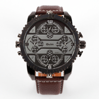 Oulm 3233 Leather Band 4 Time Zones Quartz Watch