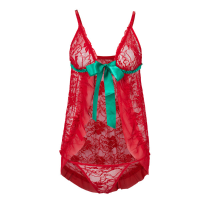 Plus Size Sexy Red Lace Green Bow Open Front Honeymoon Strawberry Lingerie Set Babydoll