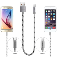 Pofan Nylon Braided 30cm 2 In 1 2.1A 8pin And Micro Usb Cable For Android And Ios