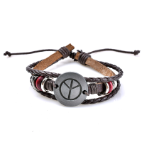 Retro Adjustable Leather Bracelet Peace Symbol Pattern Woven Bracelet For Men Women