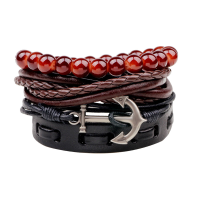 Retro Multilayer Wax Rope Weaving Anchor Chain Genuine Leather Bracelet For Men