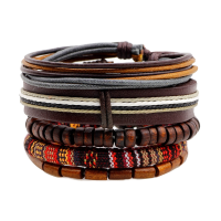 Retro Multilayer Wood Bead Leather Adjustable Men Bracelet