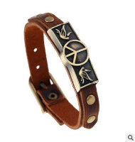 Retro Vintage Brown Genuine Leather Men Bracelet Peace Symbol Adjustable