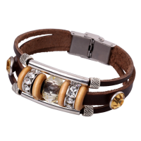 Retro Women Genuine Leather Bangle Rhinestone Bead Bracelet