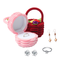Rose Flowers Basket Ring Stud Earrings Gift Box Jewelry Storage Case