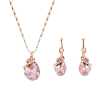 Rose Gold Jewelry Set Pink Drop Rhinestone Pendant Necklace Unique Spiral Shape Earrings For Women